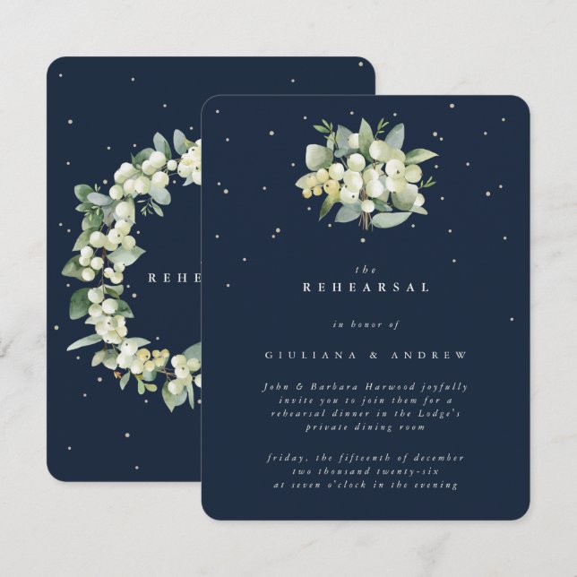 Tarjeta De Recepción Ensayo Boda de la Marina Oscura Snowberry+Eucalypt (Anverso / Reverso)