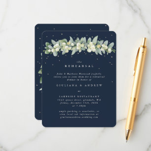 Tarjeta De Recepción Ensayo Boda de la Marina Oscura Snowberry+Eucalypt
