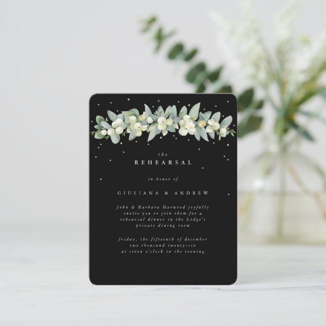 Tarjeta De Recepción Ensayo de Boda Black Snowberry+Eucalyptus (Anverso de pie)