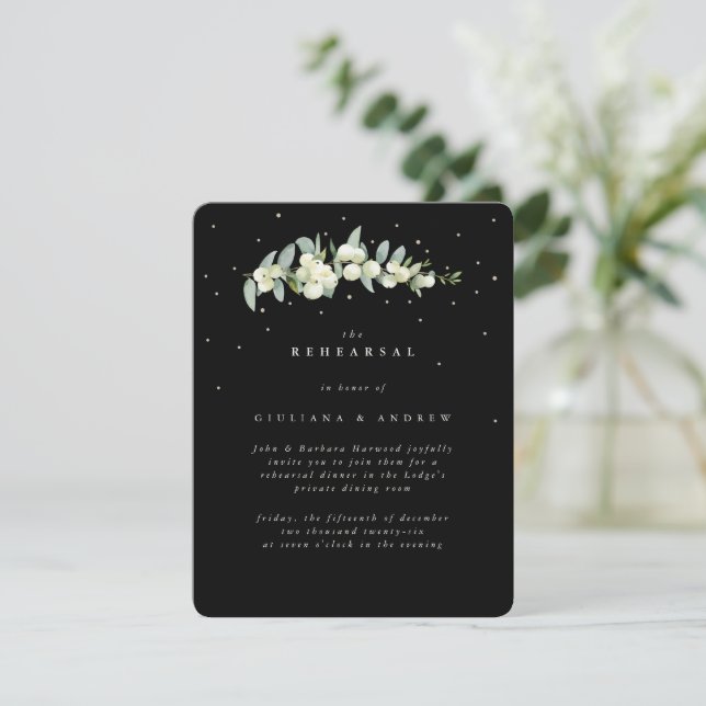 Tarjeta De Recepción Ensayo de Boda Black Snowberry+Eucalyptus (Anverso de pie)