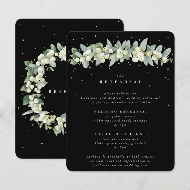 Tarjeta De Recepción Ensayo de Boda Black Snowberry+Eucalyptus (Anverso / Reverso)