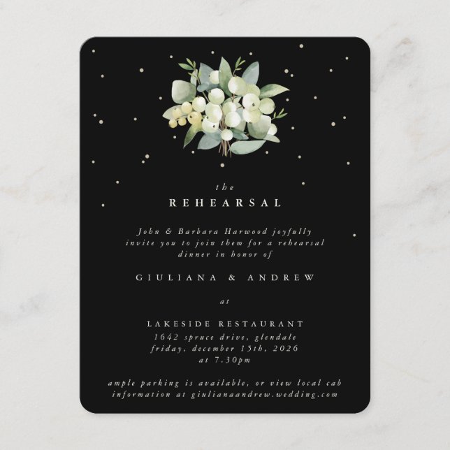 Tarjeta De Recepción Ensayo de Boda Black Snowberry+Eucalyptus (Anverso)