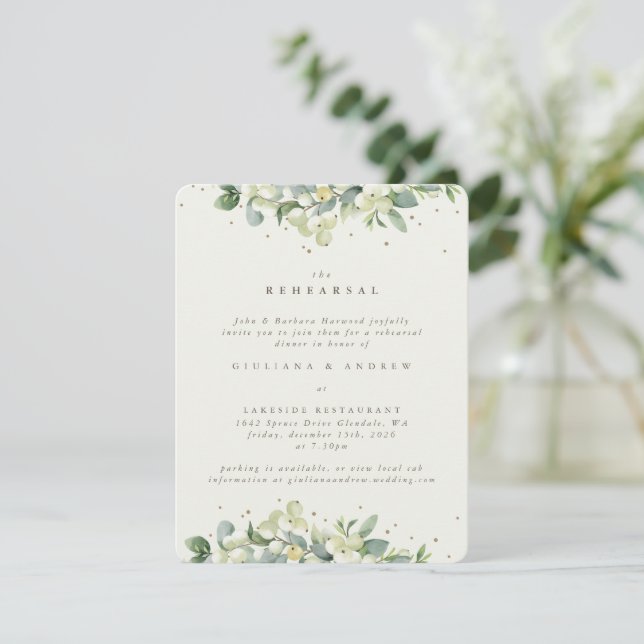 Tarjeta De Recepción Ensayo de Boda con Snowberry Crema + Eucalipto Bor (Anverso de pie)