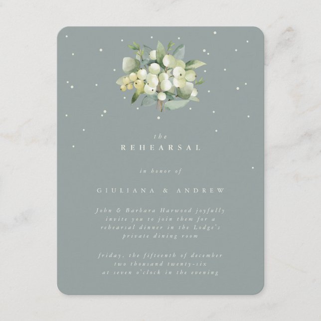Tarjeta De Recepción Ensayo de Boda de Snowberry + Eucalyptus (Anverso)