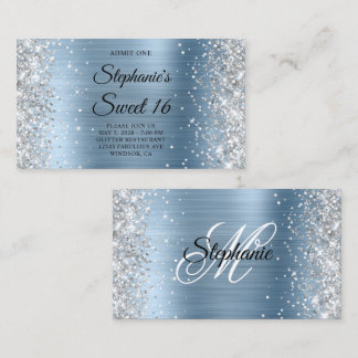 Tarjeta De Recepción Entrada de Silver Glitter Light Blue Monogram Swee