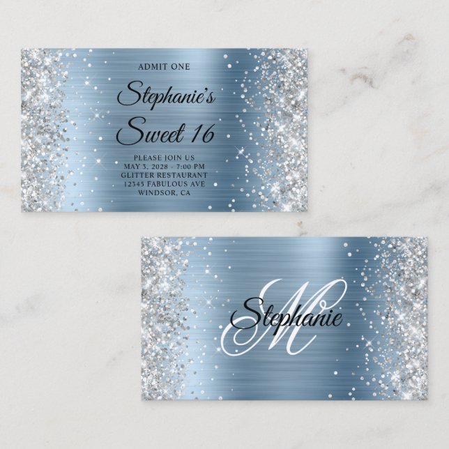 Tarjeta De Recepción Entrada de Silver Glitter Light Blue Monogram Swee (Anverso / Reverso)