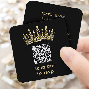 Tarjeta De Recepción Escanéame Código QR RSVP Corona de Quinceañera Neg