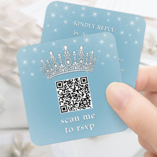 Tarjeta De Recepción Escanéame Código QR RSVP Quinceañera Corona Azul C