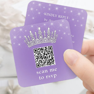Tarjeta De Recepción Escanéame Código QR RSVP Quinceañera Corona Lila P