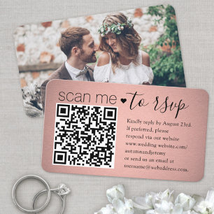 Tarjeta De Recepción Escanéame QR RSVP Rosa Dorado Rosa Foto Boda