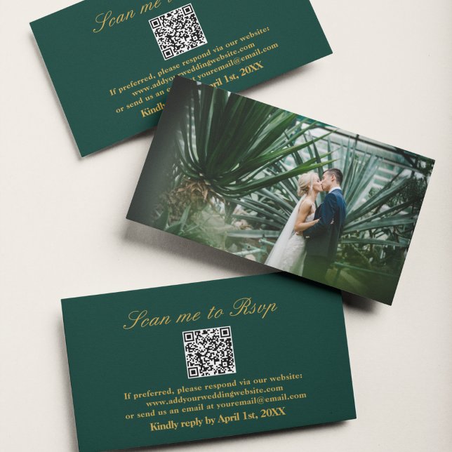 Tarjeta De Recepción Escanear me RSVP Boda de oro verde esmeralda Códig (Scan Me RSVP Emerald Green Gold Wedding QR Code Enclosure Card
)