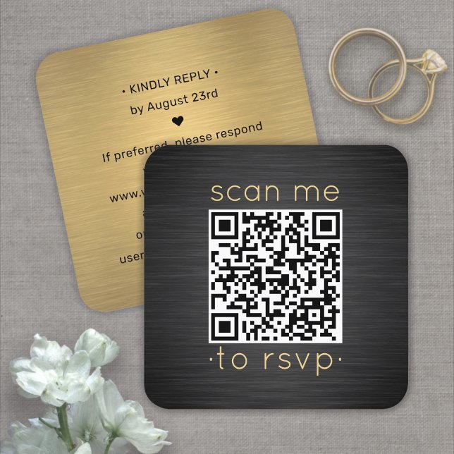 Tarjeta De Recepción Escanear mi QR RSVP Boda de Black & Gold Square (Subido por el creador)