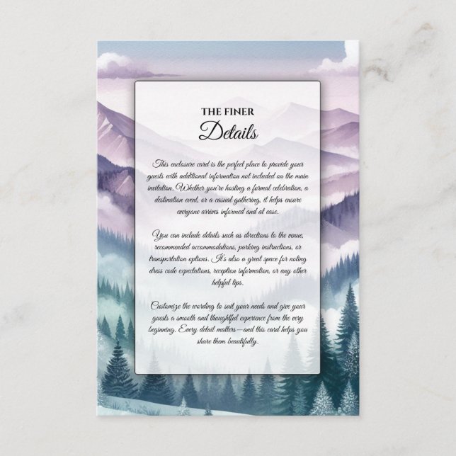 Tarjeta De Recepción Escarcha de lavanda en el Boda húmedo alpino (Anverso)