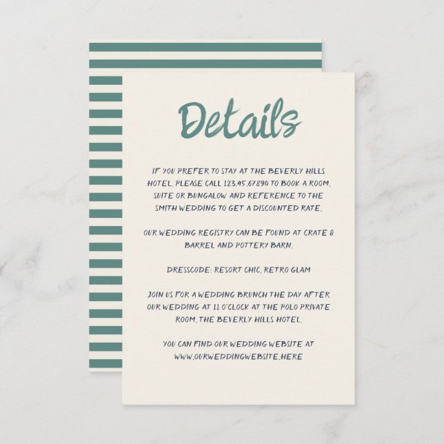 Tarjeta De Recepción Escritura a mano Guión Quirky Verde Retro Boda (Anverso / Reverso)