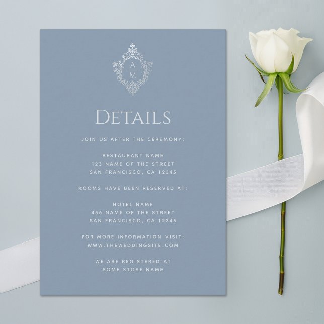 Tarjeta De Recepción Escudo Boda azul turbio detalles Monograma de cose (Subido por el creador)