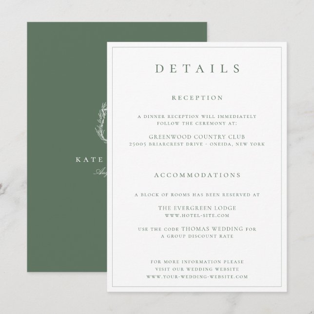 Tarjeta De Recepción Escudo botánico Detalles del Boda de salvia Monogr (Anverso / Reverso)