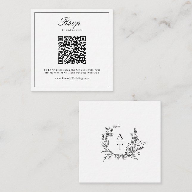 Tarjeta De Recepción Escudo de Flor Silvestre Blanco Negro Boda Código  (Anverso / Reverso)