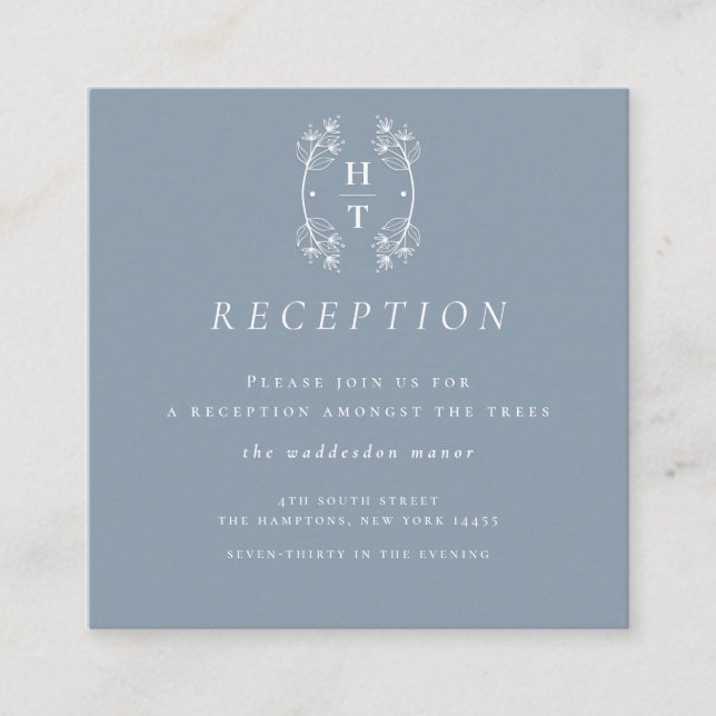 Tarjeta De Recepción Escudo Dusty Blue Reception Boda (Anverso)