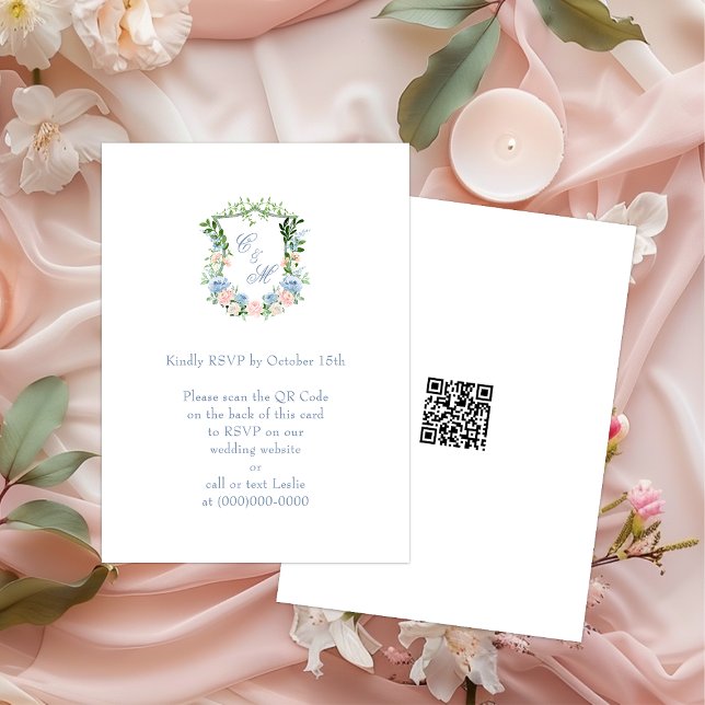 Tarjeta De Recepción Escudo Floral Azul Dusto Boda Código QR RSVP (Subido por el creador)