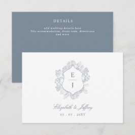 Tarjeta De Recepción Escudo Floral azul turbio Monograma Boda