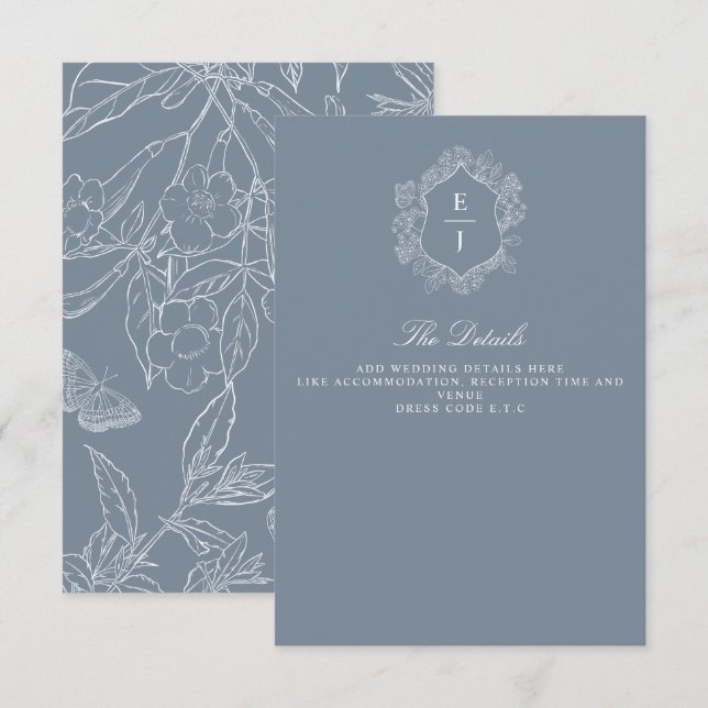 Tarjeta De Recepción Escudo Floral azul turbio Monograma Boda (Anverso / Reverso)