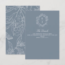 Tarjeta De Recepción Escudo Floral azul turbio Monograma Boda