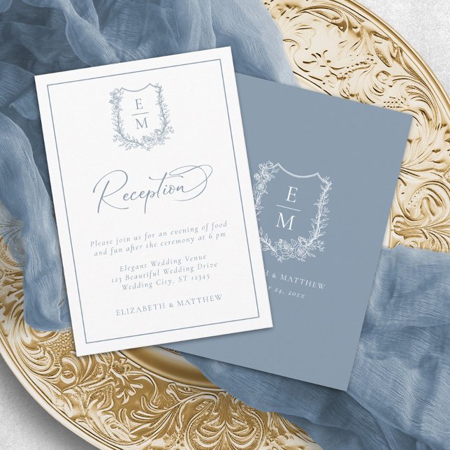 Tarjeta De Recepción Escudo floral Monograma Dusty Blue Wedding Recepci (Subido por el creador)