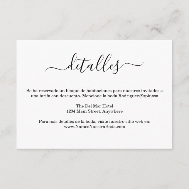Tarjeta De Recepción Español Moderno Bianco Y Negro Boda Detalles (Anverso)