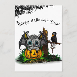 Tarjeta De Recepción Esperando Halloween , Cute Bat y Raven