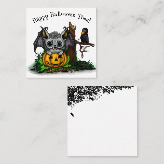 Tarjeta De Recepción Esperando Halloween , Cute Bat y Raven (Anverso / Reverso)