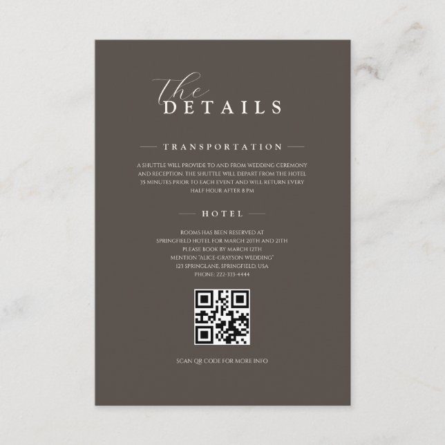 Tarjeta De Recepción Espresso Classic Minimalist Wedding QR Details (Anverso)