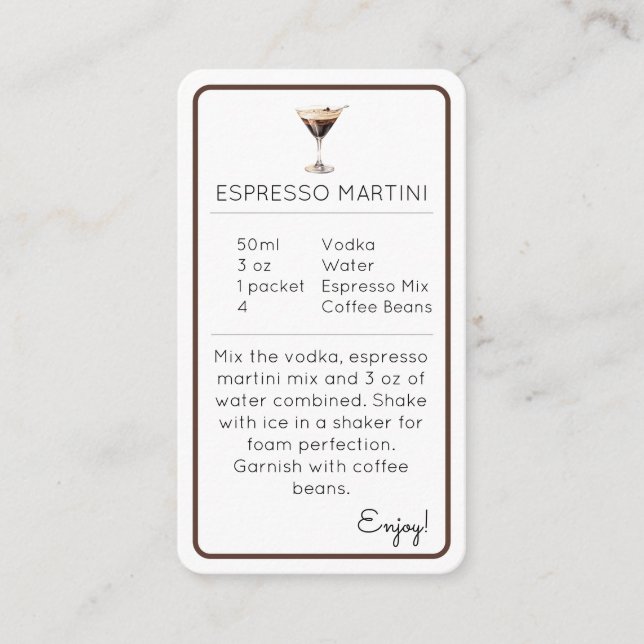 Tarjeta De Recepción Espresso Martini Mini Cocktail Recipe Card (Anverso)