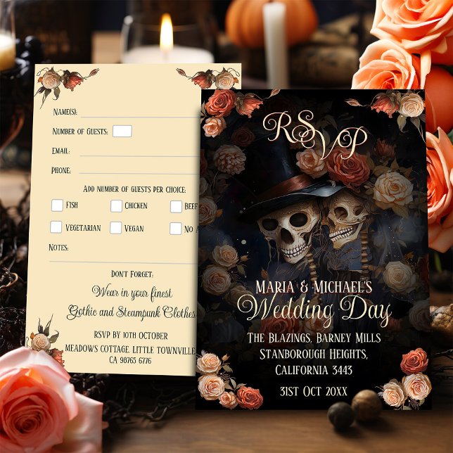 Tarjeta De Recepción Esqueletos de besos RSVP Boda gótico (Kissing Skeletons Gothic Wedding RSVP Enclosure card with additional text areas.)