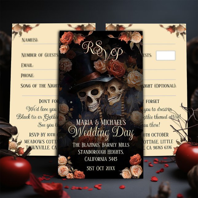 Tarjeta De Recepción Esqueletos de besos RSVP Boda gótico (Subido por el creador)