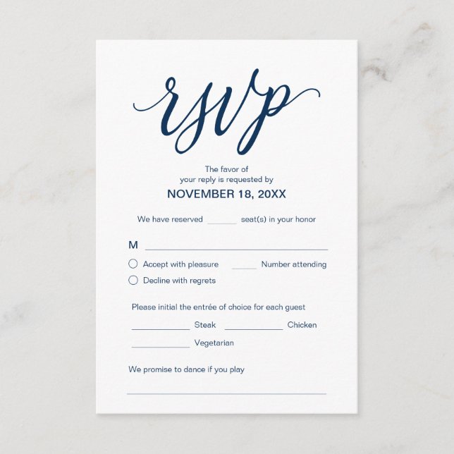Tarjeta De Recepción Estética, Azul de la Marina, Cena Boda RSVP, Respo (Anverso)