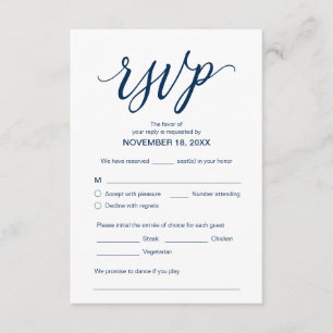 Tarjeta De Recepción Estética, Azul de la Marina, Cena Boda RSVP, Respo