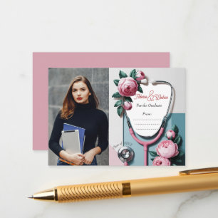 Tarjeta De Recepción Estetoscopio de Graduación Rosas Rosadas Florales 