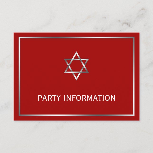 Tarjeta De Recepción Estrella roja de plata de David Bar Mitzvah Fiesta (Anverso)