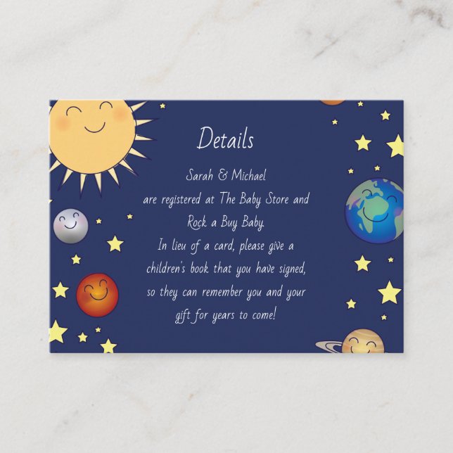 Tarjeta De Recepción Estrellas de Baby Shower Galaxy Universe en el esp (Anverso)