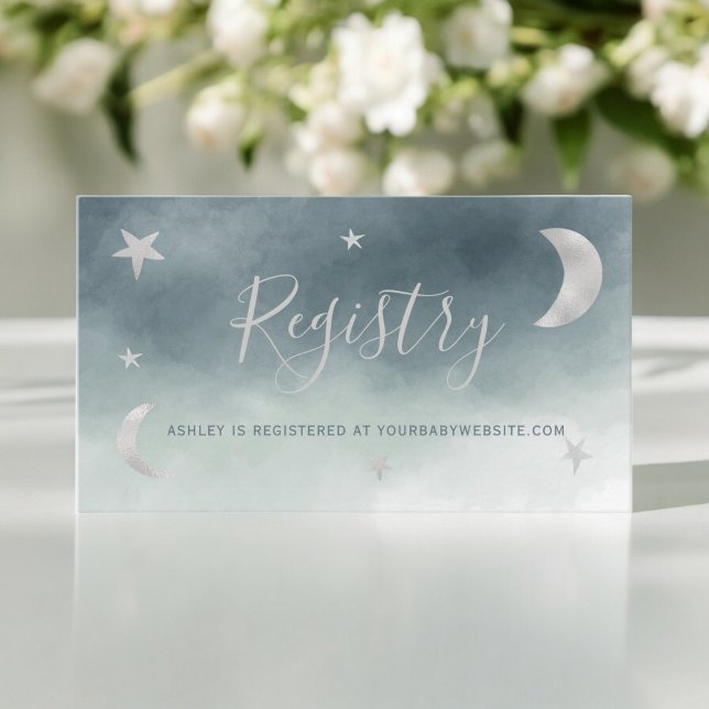 Tarjeta De Recepción Estrellas de luna plateada lindo bebé de registro  (Cute silver moon stars blue registry baby shower enclosure card)