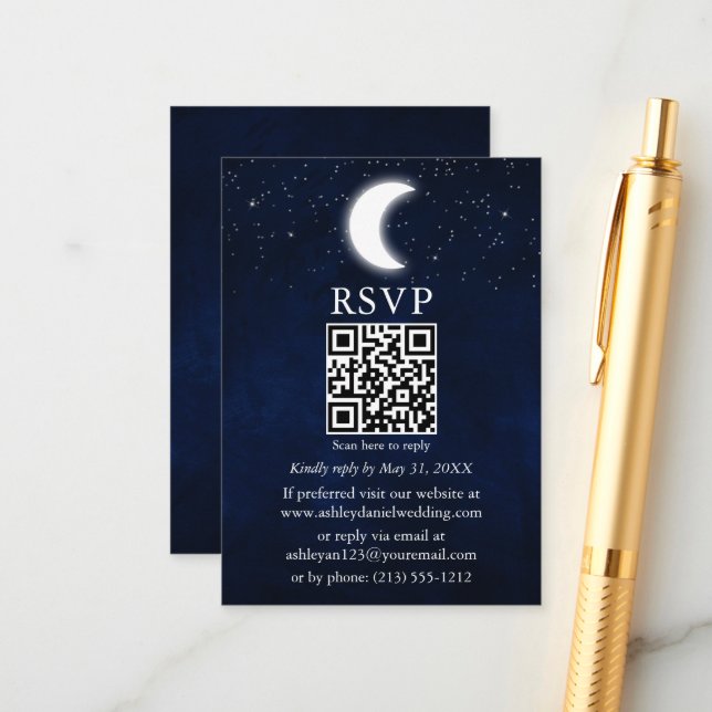 Tarjeta De Recepción Estrellas lunares Boda celeste QR RSVP (Anverso/Reverso In Situ)