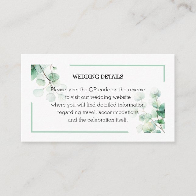 Tarjeta De Recepción Eucalipto Acuarela Vegetación QR Info Boda (Anverso)