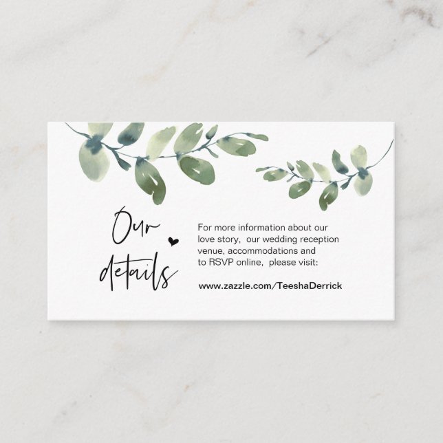 Tarjeta De Recepción Eucalipto de la vegetación, negro, detalles Bodas (Anverso)