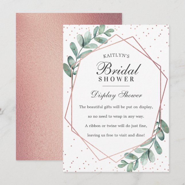 Tarjeta De Recepción Eucalipto Rosa Dorado Geométrico Bridal Shower (Anverso / Reverso)