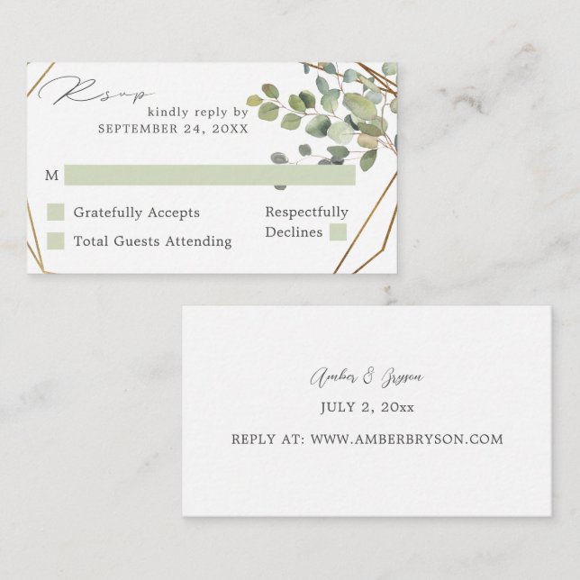 Tarjeta De Recepción Eucalipto Rústico Presupuestario y SM Oro Sin Comi (Anverso / Reverso)