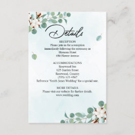Tarjeta De Recepción Eucalipto verde y Boda de las flores de algodón