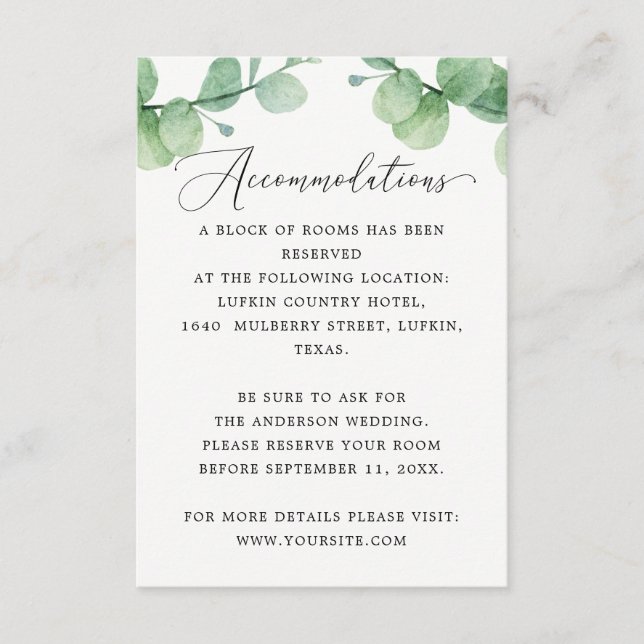 Tarjeta De Recepción Eucalyptus Accommodations | Wedding Hotel Info (Anverso)