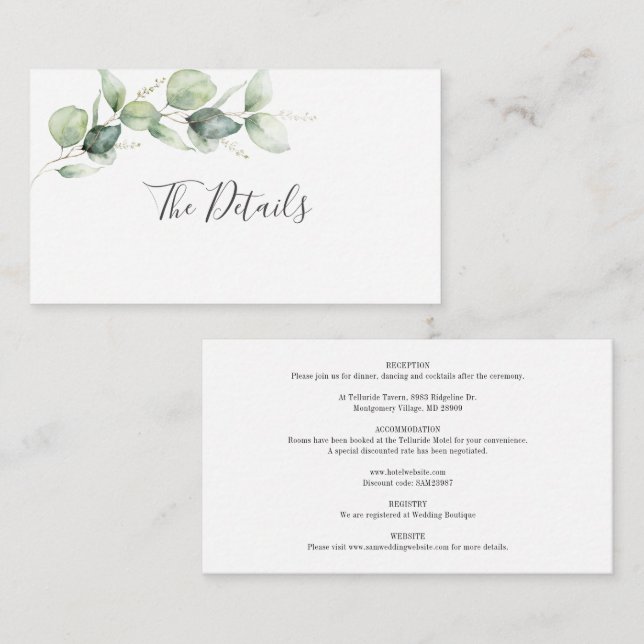 Tarjeta De Recepción Eucalyptus Boda de Verdor Botánico (Anverso / Reverso)