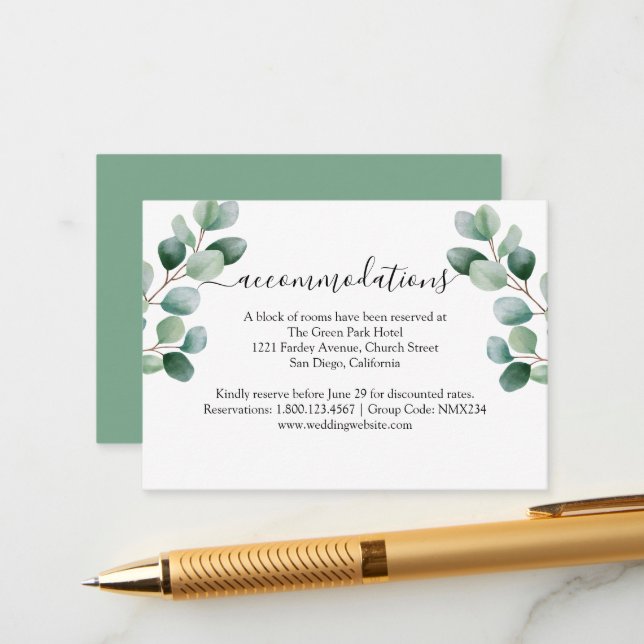 Tarjeta De Recepción Eucalyptus Boda de Verdor Botánico (Anverso/Reverso In Situ)