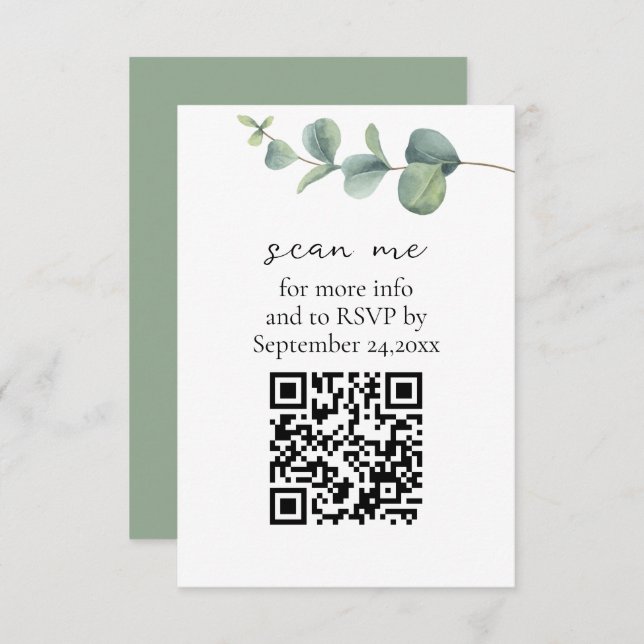 Tarjeta De Recepción Eucalyptus Código QR Boda RSVP (Anverso / Reverso)